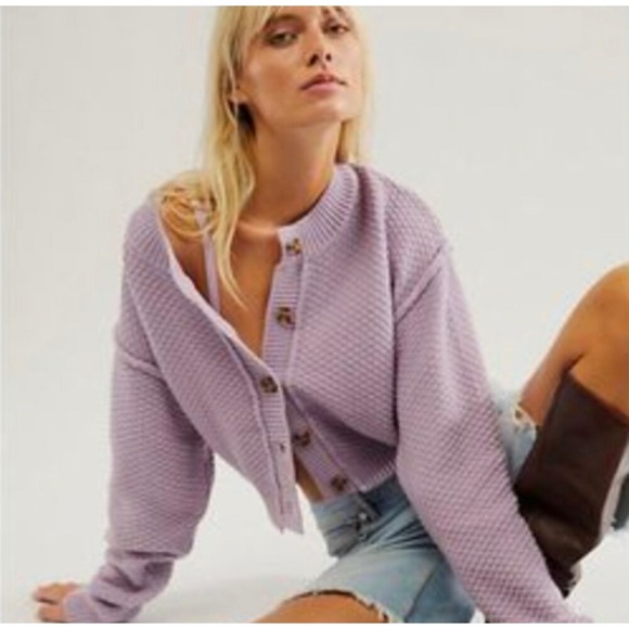 Free People Sweaters - Free People Women's Cardigan Lilac Knit Cropped Button Down Long Sleeve